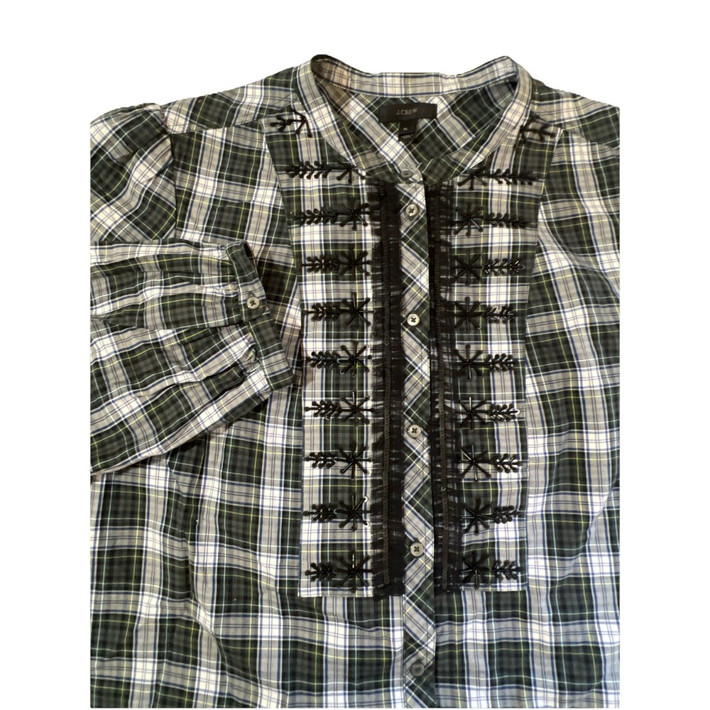 J.‎ Crew Top Blouse Embellished Tartan Plaid Button Classic Chic Holiday  XL